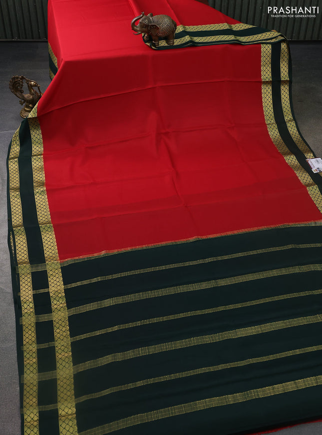 Pure mysore silk saree red and bottle green with plain body and rettapet zari woven border