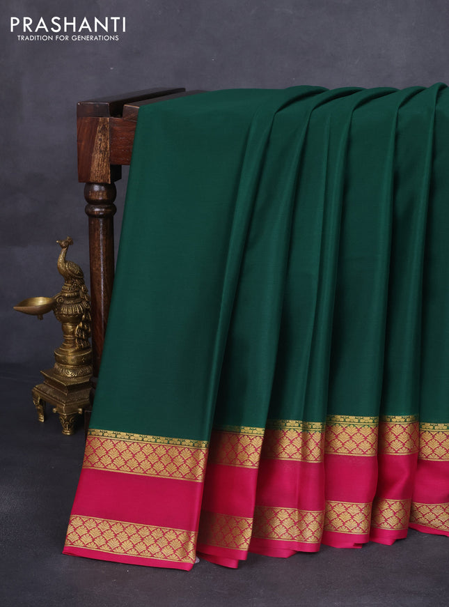 Pure mysore silk saree bottle green and pink with plain body and rettapet zari woven border