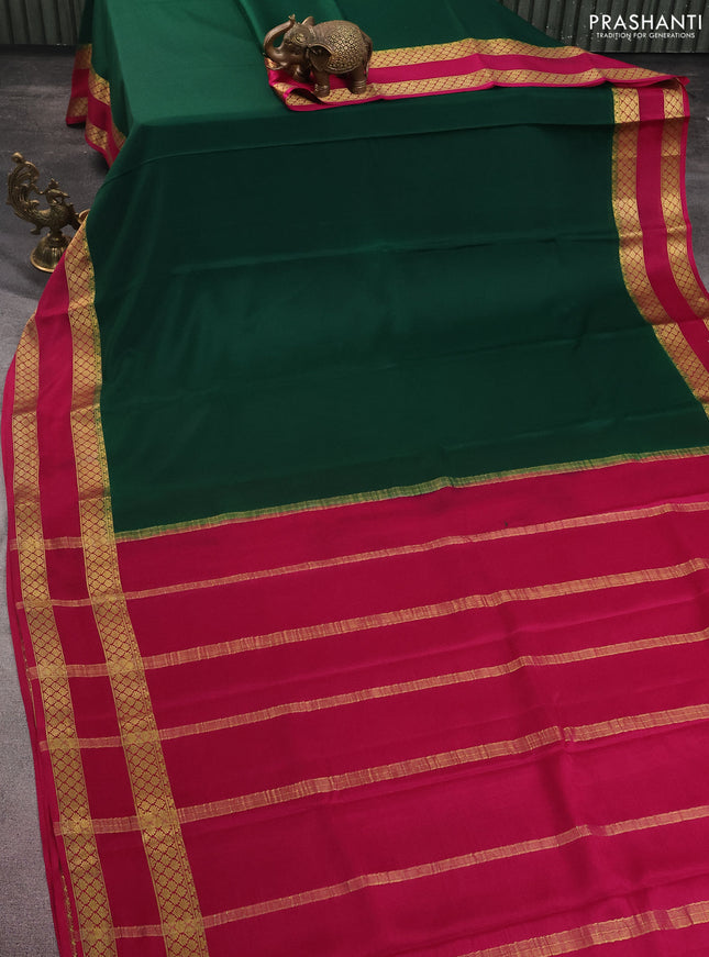 Pure mysore silk saree bottle green and pink with plain body and rettapet zari woven border