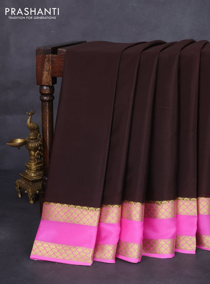 Pure mysore silk saree deep coffee brown and light pink with plain body and rettapet zari woven border