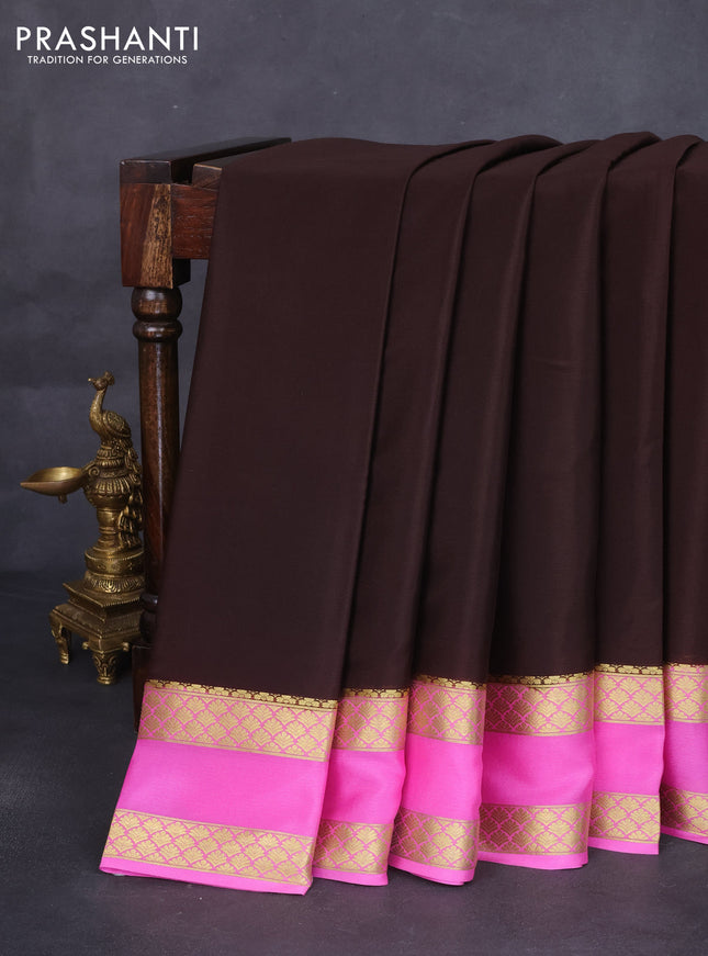 Pure mysore silk saree deep coffee brown and light pink with plain body and rettapet zari woven border