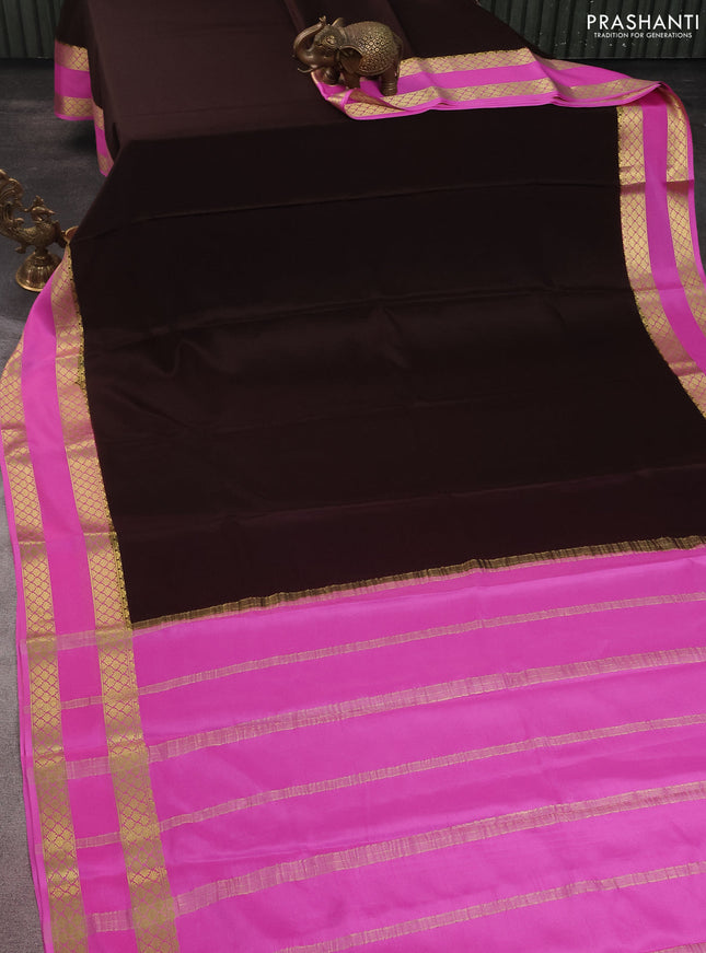 Pure mysore silk saree deep coffee brown and light pink with plain body and rettapet zari woven border