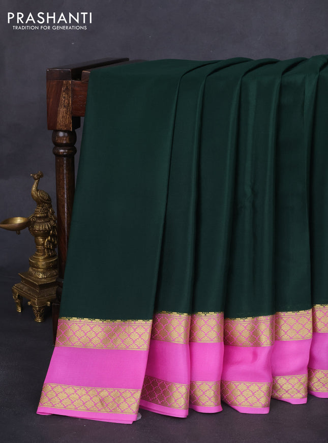 Pure mysore silk saree bottle green and light pink with plain body and rettapet zari woven border