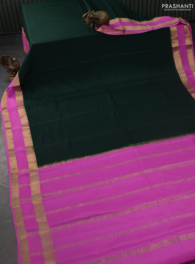 Pure mysore silk saree bottle green and light pink with plain body and rettapet zari woven border