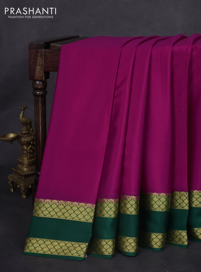 Pure mysore silk saree dark pink and green with plain body and rettapet zari woven border
