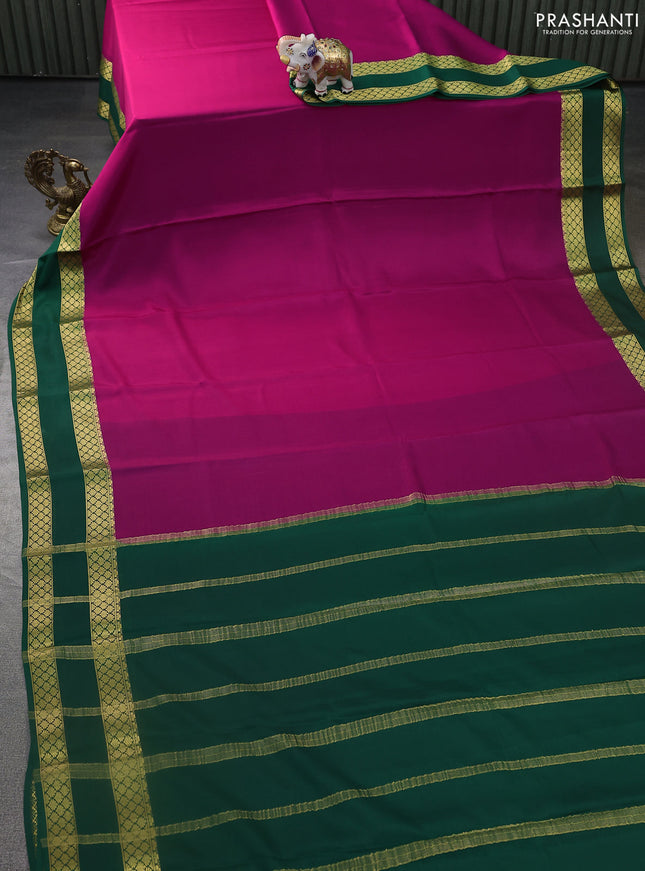 Pure mysore silk saree dark pink and green with plain body and rettapet zari woven border