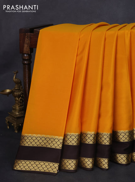 Pure mysore silk saree mustard yellow and deep coffee brown with plain body and rettapet zari woven border