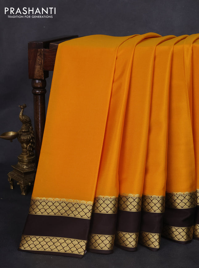 Pure mysore silk saree mustard yellow and deep coffee brown with plain body and rettapet zari woven border