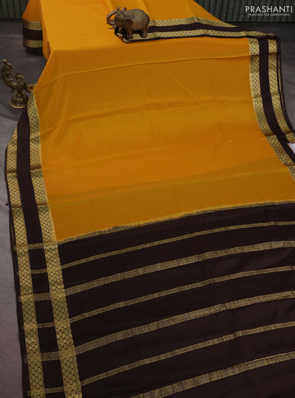 Pure mysore silk saree mustard yellow and deep coffee brown with plain body and rettapet zari woven border