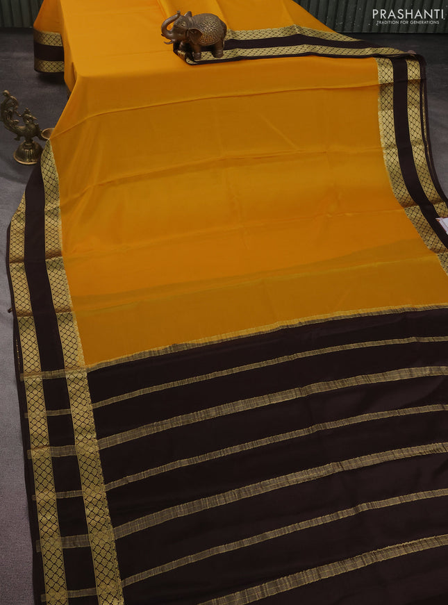 Pure mysore silk saree mustard yellow and deep coffee brown with plain body and rettapet zari woven border