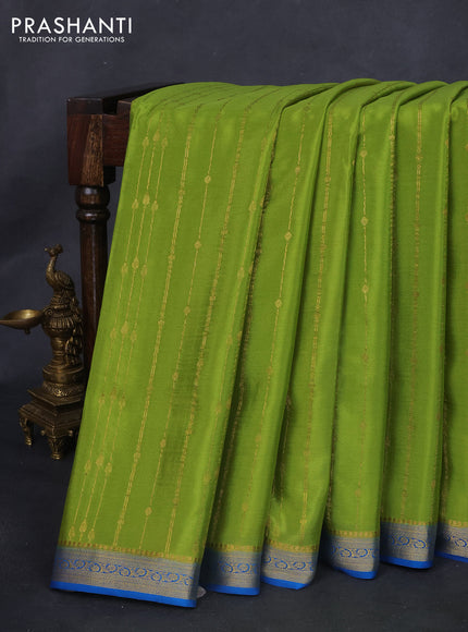 Pure mysore silk saree light green and blue with allover zari weaves and zari woven border