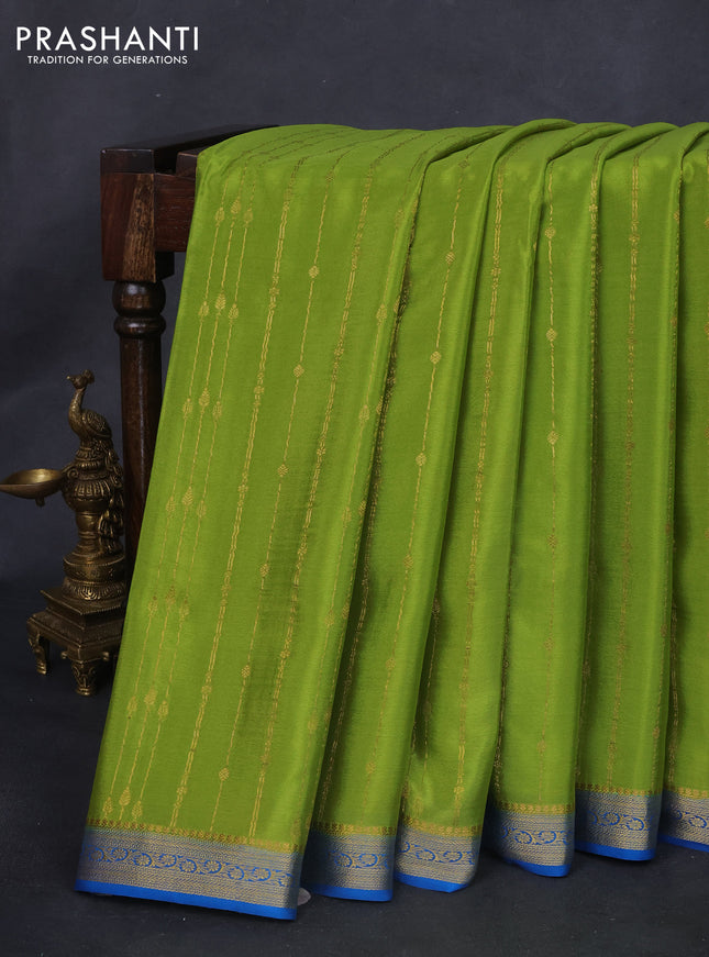 Pure mysore silk saree light green and blue with allover zari weaves and zari woven border