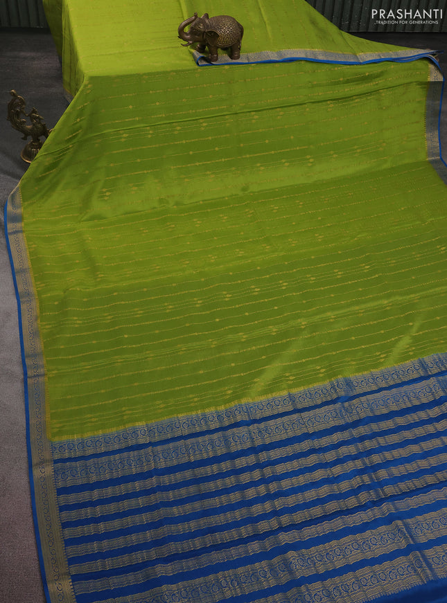 Pure mysore silk saree light green and blue with allover zari weaves and zari woven border