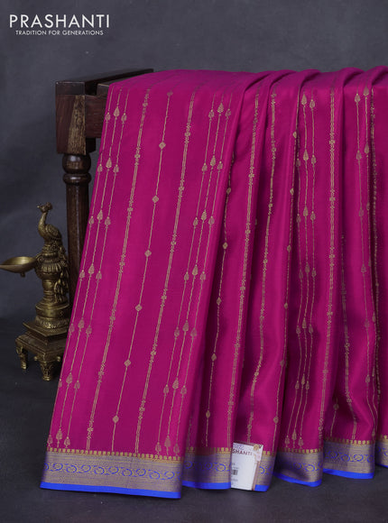 Pure mysore silk saree magenta pink and blue with allover zari weaves and zari woven border