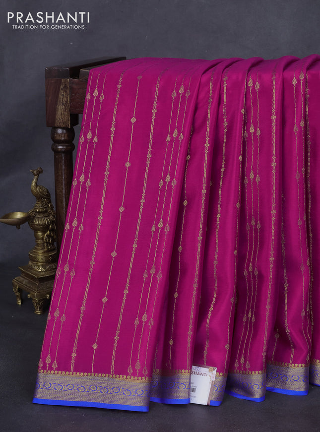 Pure mysore silk saree magenta pink and blue with allover zari weaves and zari woven border