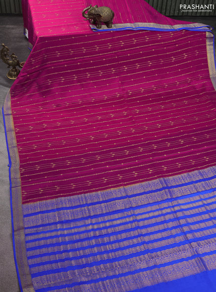 Pure mysore silk saree magenta pink and blue with allover zari weaves and zari woven border
