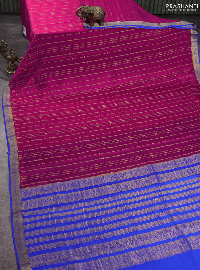 Pure mysore silk saree magenta pink and blue with allover zari weaves and zari woven border