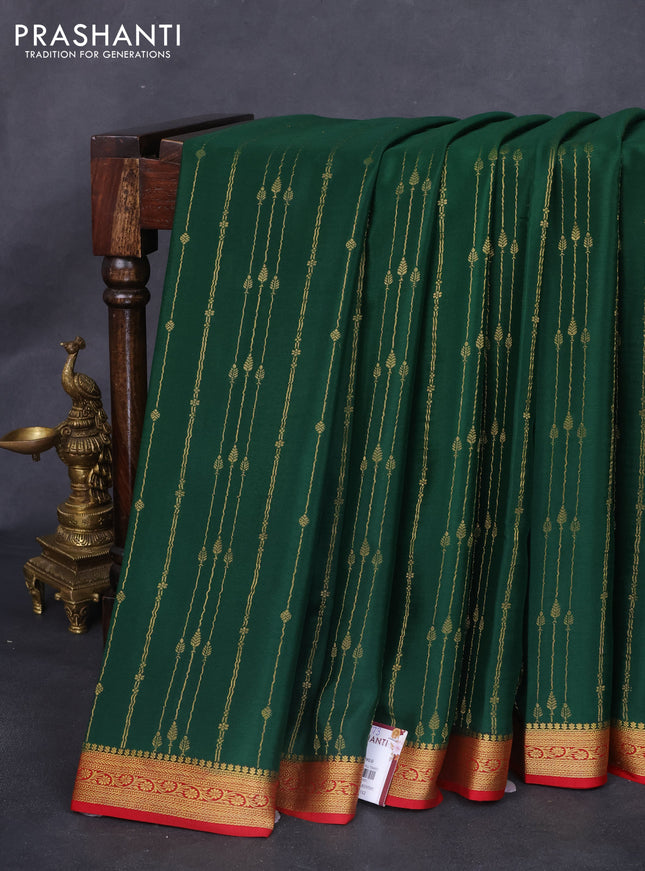 Pure mysore silk saree green and red with allover zari weaves and zari woven border