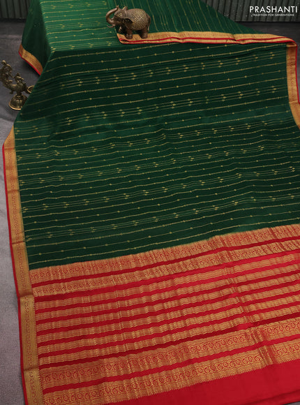 Pure mysore silk saree green and red with allover zari weaves and zari woven border