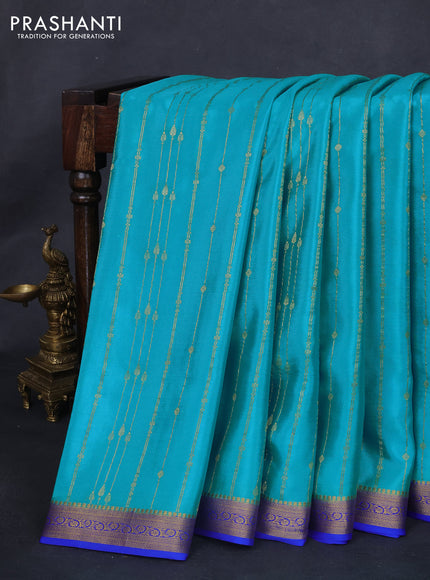 Pure mysore silk saree teal blue and blue with allover zari weaves and zari woven border