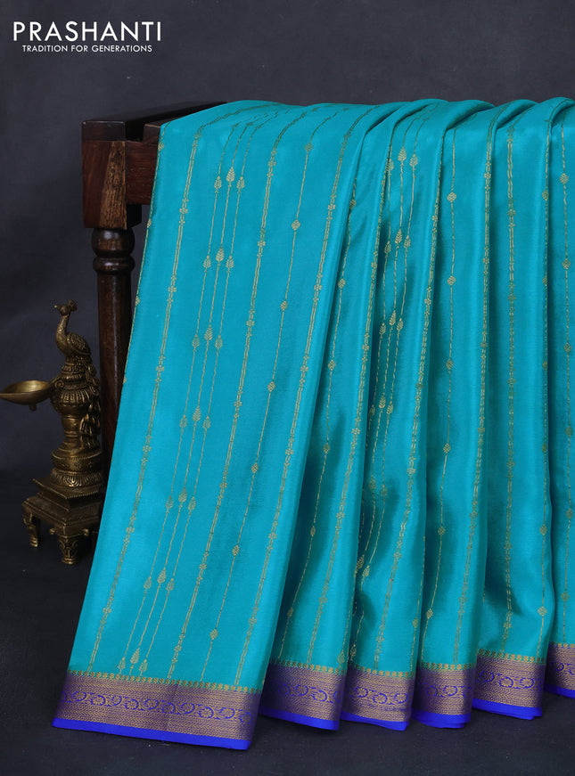 Pure mysore silk saree teal blue and blue with allover zari weaves and zari woven border