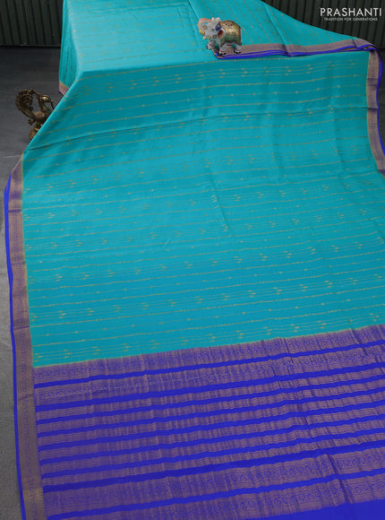 Pure mysore silk saree teal blue and blue with allover zari weaves and zari woven border