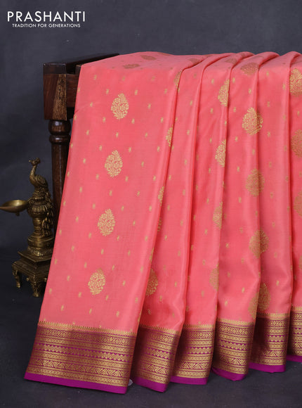 Pure mysore silk saree peach pink and dark magenta pink with allover zari woven buttas and zari woven border