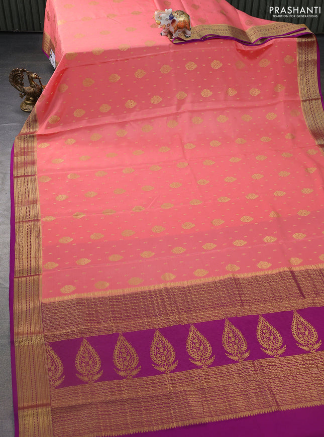 Pure mysore silk saree peach pink and dark magenta pink with allover zari woven buttas and zari woven border