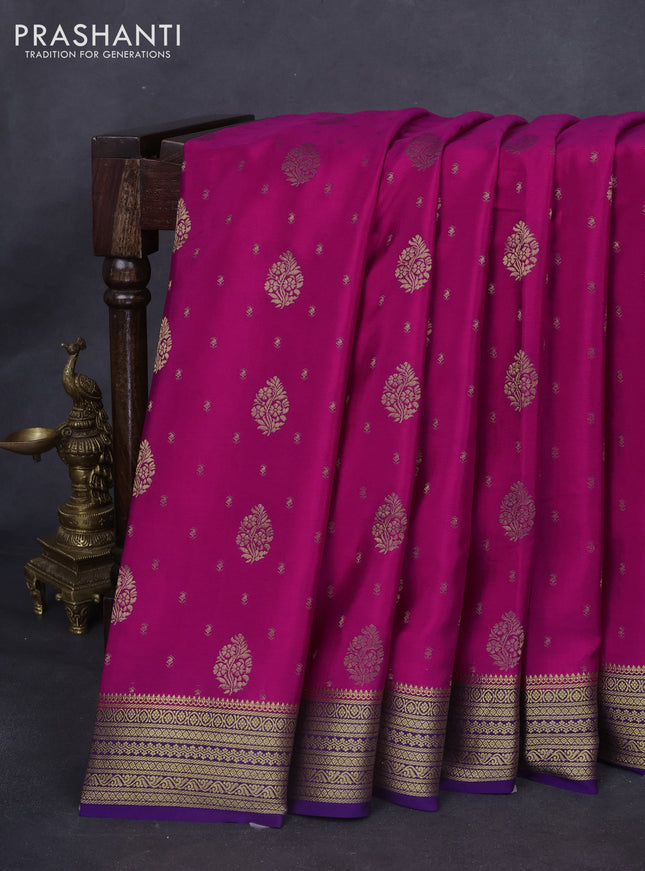 Pure mysore silk saree magenat pink and violet with allover zari woven buttas and zari woven border