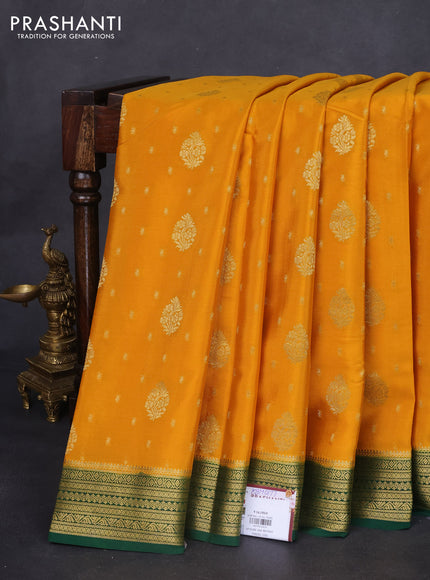 Pure mysore silk saree mango yellow and green with allover zari woven buttas and zari woven border
