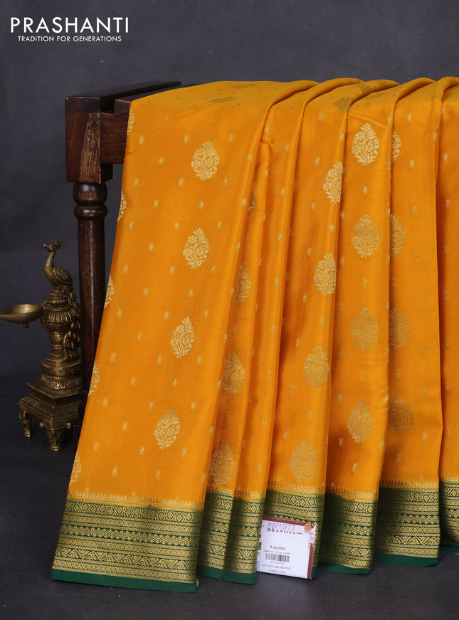 Pure mysore silk saree mango yellow and green with allover zari woven buttas and zari woven border