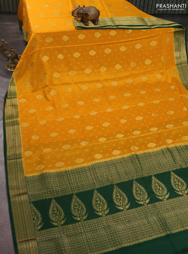 Pure mysore silk saree mango yellow and green with allover zari woven buttas and zari woven border