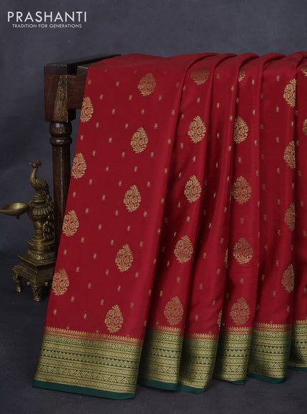 Pure mysore silk saree kumkum red and green with allover zari woven buttas and zari woven border