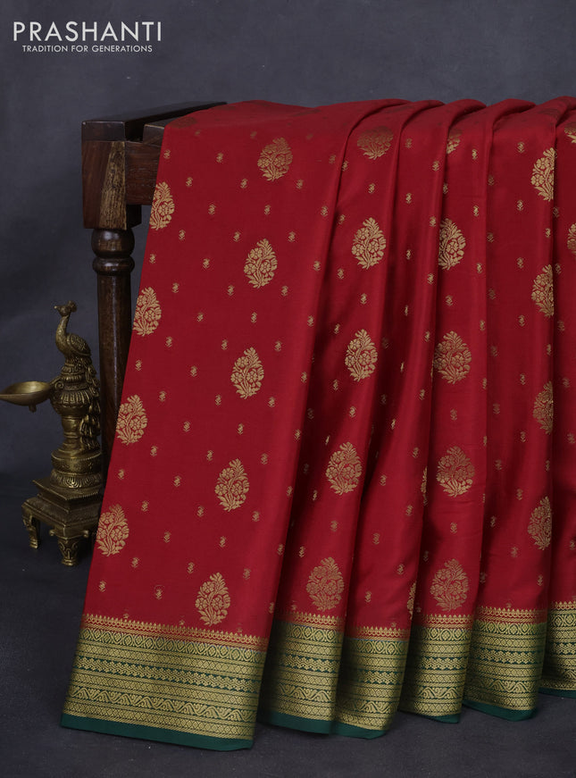Pure mysore silk saree kumkum red and green with allover zari woven buttas and zari woven border