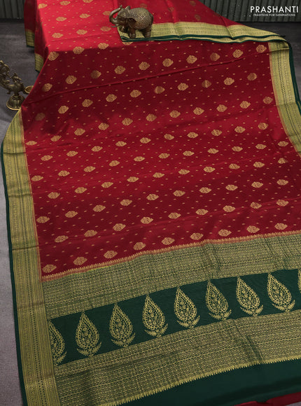 Pure mysore silk saree kumkum red and green with allover zari woven buttas and zari woven border