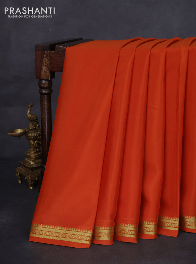 Pure mysore silk saree rustic orange with plain body and zari woven border