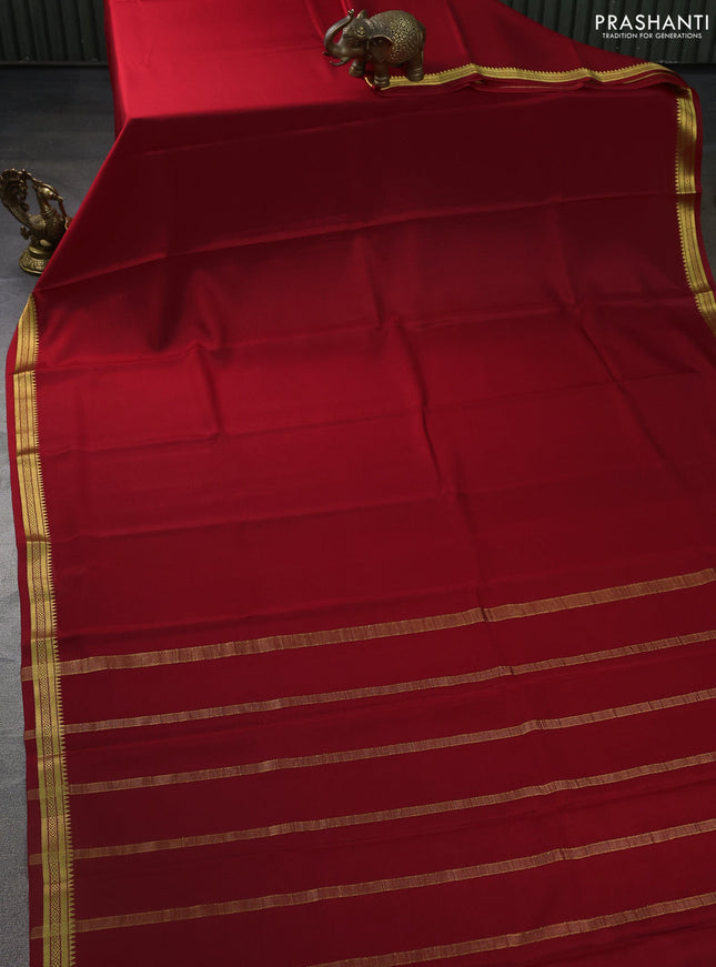 Pure mysore silk saree red with plain body and zari woven border