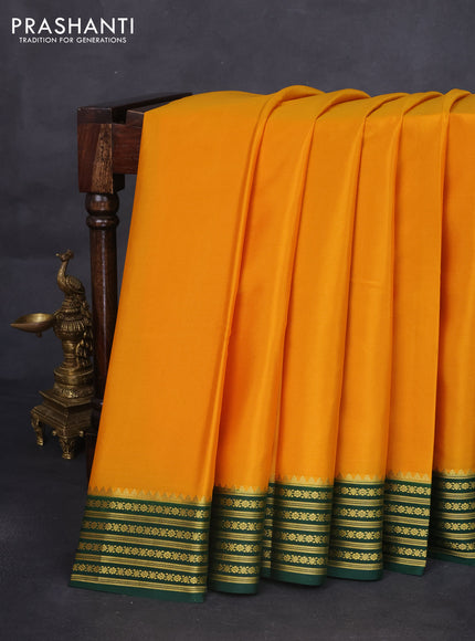 Pure mysore silk saree mango yellow and dark green with plain body and zari woven border