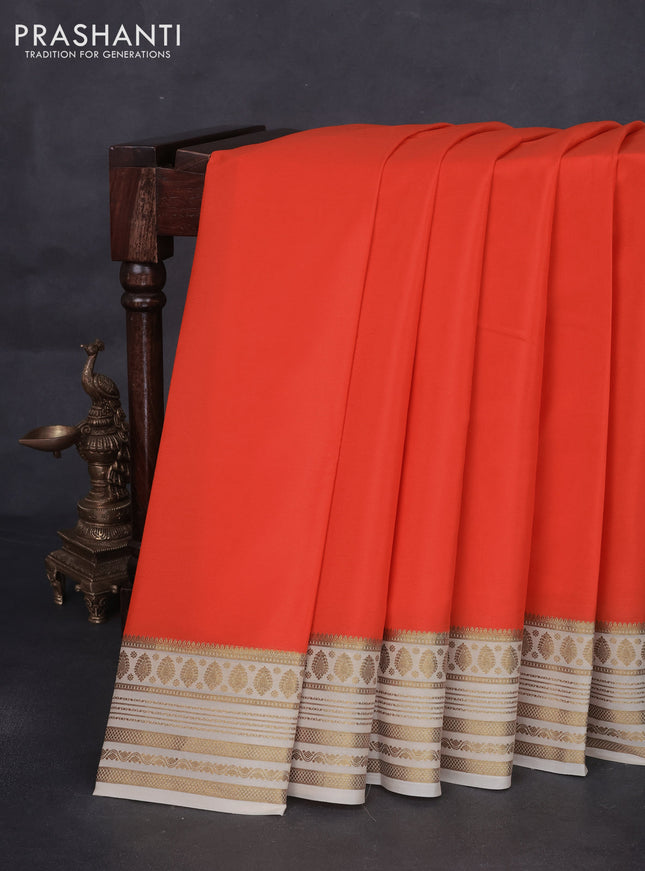 Pure mysore silk saree orange and cream with plain body and zari woven border