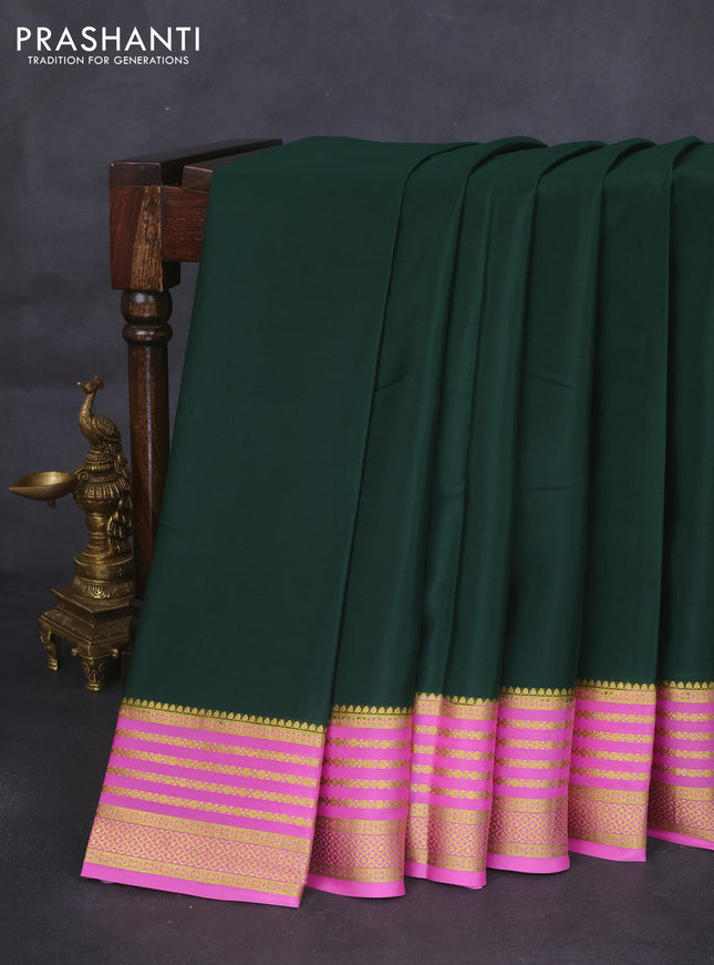 Pure mysore silk saree bottle green and light pink with plain body and zari woven border