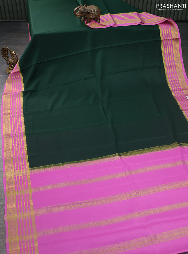 Pure mysore silk saree bottle green and light pink with plain body and zari woven border