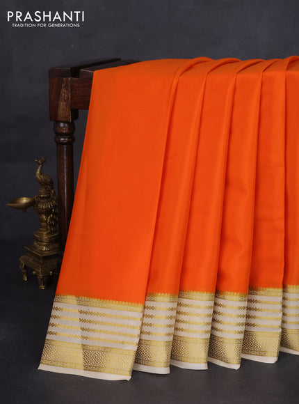 Pure mysore silk saree orange and cream with plain body and zari woven border