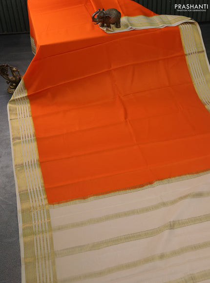 Pure mysore silk saree orange and cream with plain body and zari woven border