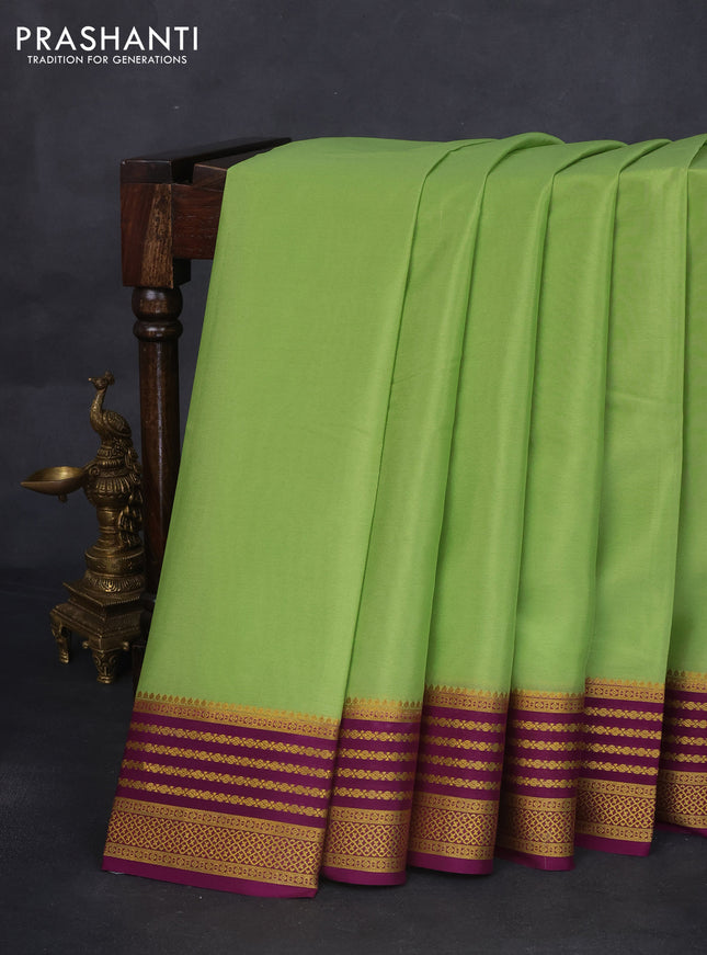 Pure mysore silk saree pista green and wine shade with plain body and zari woven border