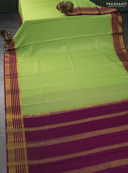 Pure mysore silk saree pista green and wine shade with plain body and zari woven border