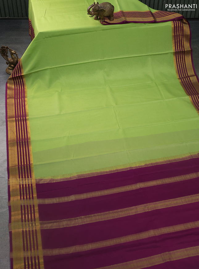 Pure mysore silk saree pista green and wine shade with plain body and zari woven border