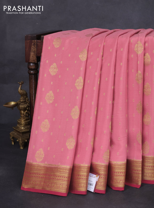 Pure mysore silk saree peach pink and maroon with allover zari woven buttas and zari woven border