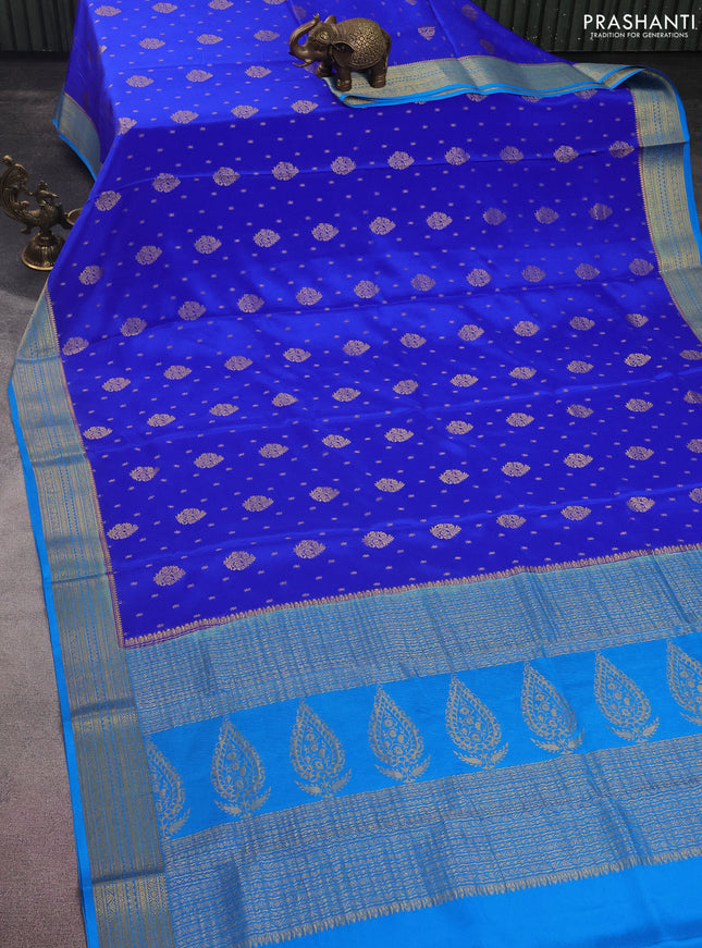 Pure mysore silk saree royal blue and cs blue with allover zari woven buttas and zari woven border
