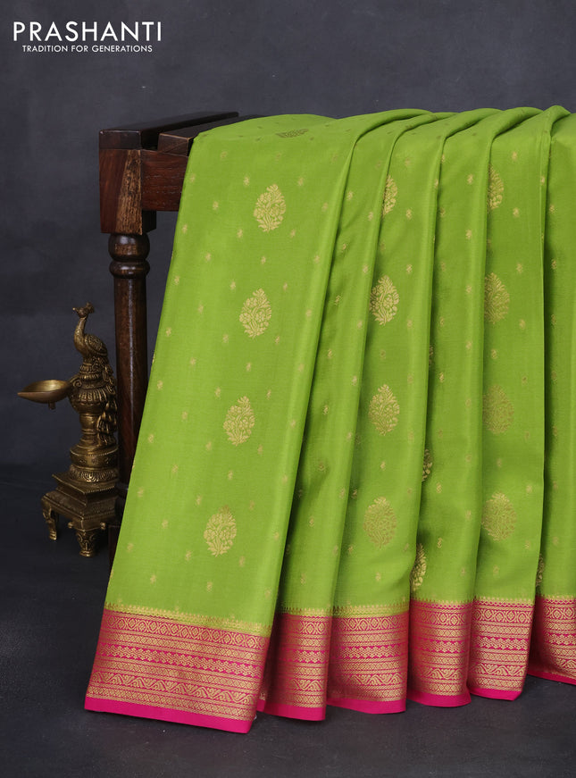 Pure mysore silk saree light green and pink with allover zari woven buttas and zari woven border