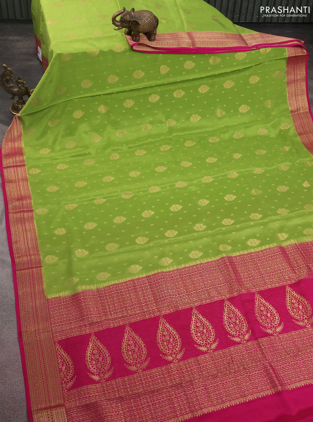 Pure mysore silk saree light green and pink with allover zari woven buttas and zari woven border